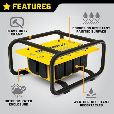 Champion Power Equipment Pro Grade OSHA Compliant Power Distribution Box, 50 - Amp Twist Lock Inlet, Six 120V GFCI Duplexes, One 120/240V 30A Locking Outlet, 30A and 50A RV Adapters - with | Sold by Uncle Wiener's Wholesale