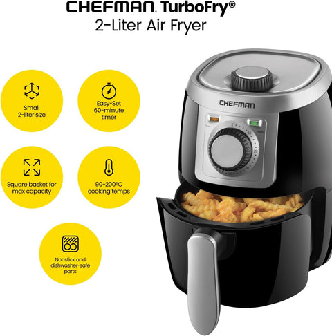 Chefman Small, Compact Air Fryer Healthy Cooking, 2 Qt, Nonstick, User Friendly and Adjustable Temperature Control w/ 60 Minute Timer & Auto Shutoff, Dishwasher Safe Basket, BPA - Free, Black - with | Sold by Uncle Wiener's Wholesale
