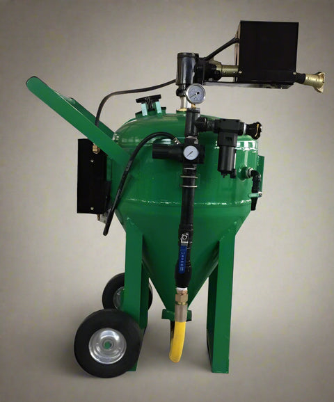 Green dustless sandblaster machine with wheels and nozzle attachment