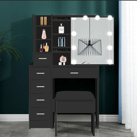 Elegant Vanity Desk with LED Lighted Mirror, Drawers & Stool โ Makeup Dressing Table Set - with Black HDT025B | Sold by Uncle Wiener's Wholesale