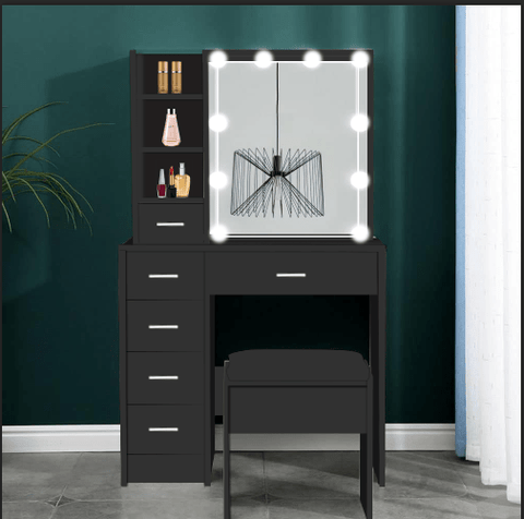 Elegant Vanity Desk with LED Lighted Mirror, Drawers & Stool โ Makeup Dressing Table Set - with White HDT025W | Sold by Uncle Wiener's Wholesale