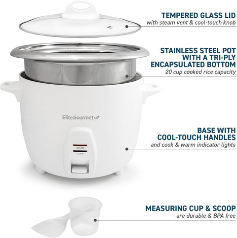 Elite Gourmet ERC - 2020 Cuiseur à riz électrique avec pot intérieur en acier inoxydable pour soupes, ragoûts, céréales, garder au chaud, 20 tasses cuites (10 tasses non cuites), blanc - with | Sold by Uncle Wiener's Wholesale