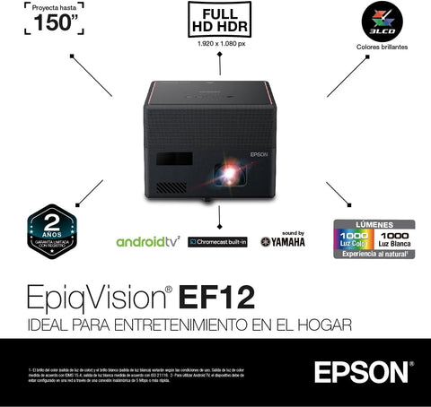 Epson EpiqVision Mini EF12 Smart Streaming Laser Projector, HDR, Android TV, Movies, Family Gaming, Portable, sound by Yamaha, 3LCD, Full HD 1080p, 1000 lumens Color & White Brightness Bluetooth Black - with | Sold by Uncle Wiener's Wholesale