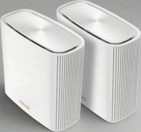 “ASUS ZenWiFi ET8 WiFi 6E tri-band mesh system front view”
“ET8 (W-2-PK) mesh router 2-pack with 6600 Mbps speed”
“Asus ZenWiFi tri-band mesh system back panel ports”
“ASUS ET8 router 6GHz frequency WiFi 6E design”
“Packaging of ASUS ZenWiFi ET8 W-2-PK 2-pack”