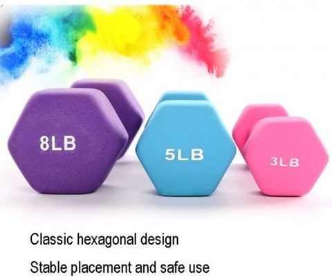 6-piece neoprene dumbbell set with 2, 3, 5 lb weights and storage rack
Color-coded neoprene dumbbells with anti-roll hex shape
Vertical rack holding pink, blue, and purple dumbbells for home fitness
Non-slip dumbbell set with compact stand for small spaces