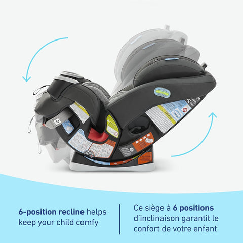 Graco 4Ever 4-in-1 car seat in gray black fabric, angled front view
Graco car seat installation and adjustment positions (4 modes)
Closeup of harness system adjustment knob
Parent placing child in highback booster setup
Side view showing headrest and belt path