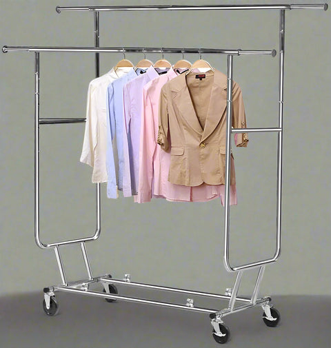 "Heavy-Duty Collapsible Single Rail Clothing Rack with Wheels"
"Adjustable Double Rail Chrome Garment Rack for Retail and Home"
"Heavy-Duty Commercial Clothing Rack Assembly Diagram"
"Smooth Rolling Wheels for Garment Racks – Close-Up View"
