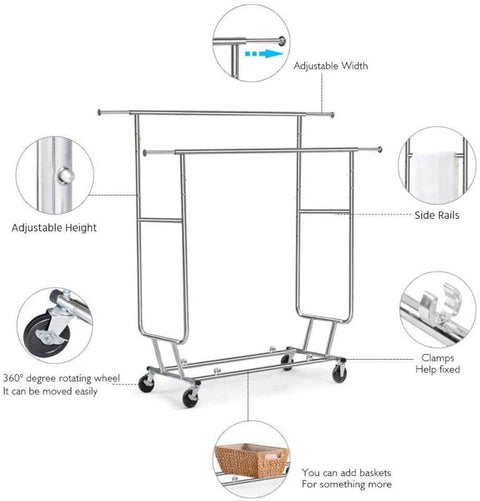 "Heavy-Duty Collapsible Single Rail Clothing Rack with Wheels"
"Adjustable Double Rail Chrome Garment Rack for Retail and Home"
"Heavy-Duty Commercial Clothing Rack Assembly Diagram"
"Smooth Rolling Wheels for Garment Racks – Close-Up View"