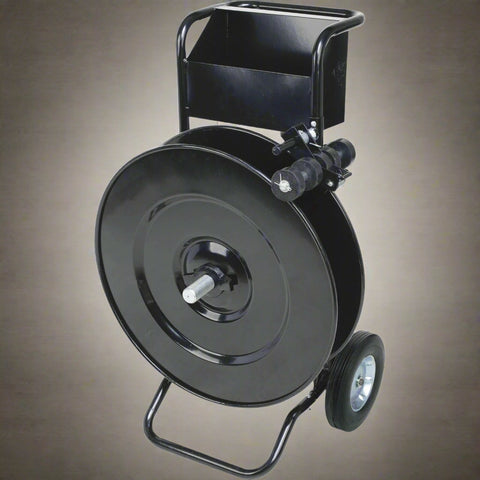 “Heavy-duty red strapping cart for warehouse use”
“Black industrial poly and steel banding cart with storage tray”