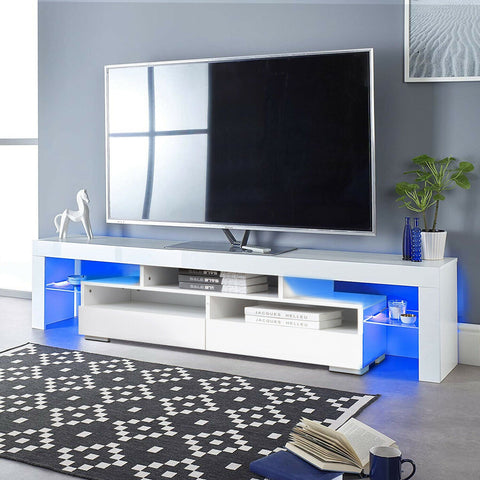 High Gloss White LED TV Stand with Remote Lighting and Storage Shelves for Modern Living Rooms