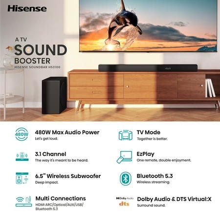 Hisense 3.1 Channel Soundbar with Wireless Subwoofer – Model HS3100
Black Dolby Atmos 480W Soundbar with Wireless Subwoofer by Hisense
Hisense HS3100 3.1 Soundbar Setup with HDMI ARC and Bluetooth