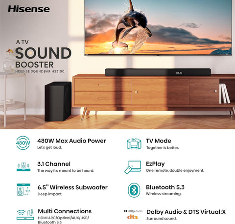Hisense HS3100 - 3.1 Channel 480W Soundbar with 6.5 inch Wireless Subwoofer, 3 Full - Range Speakers, 2 tweeters, 480W Max Audio Power, 5.3 Wireless Bluetooth, Powered by DTS Virtual:X, Roku TV Ready - with | Sold by Uncle Wiener's Wholesale