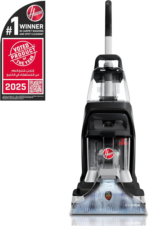 Hoover PowerScrub XL Pet Carpet Cleaner front view
Carpet cleaner with SpinScrub brushes and Oxy pet solution
Hoover upholstery and stair cleaning tool kit
Quick Clean and HeatForce drying technology display
Complete carpet cleaner package with hose and storage bag