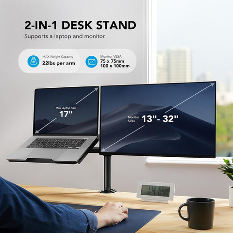 HUANUO Monitor and Laptop Mount with Tray for 13 - 32inch, Fully Adjustable Laptop Notebook Desk Mount up to 17 inch, Weight up to 22lbs, Extension with Clamp and Grommet Mounting Base - with 18x12x16 inch | Sold by Uncle Wiener's Wholesale