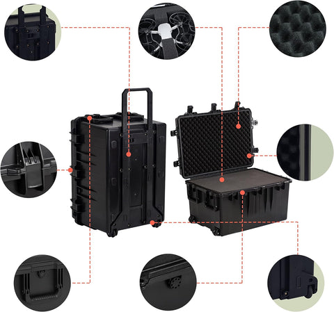 MEIJIA Portable All Weather Waterproof Camera Case,Customizable Fit Foam with Rolling Wheels and Retractable Pull Handle,33.25"X24.4"X19.3" - with | Sold by Uncle Wiener's Wholesale