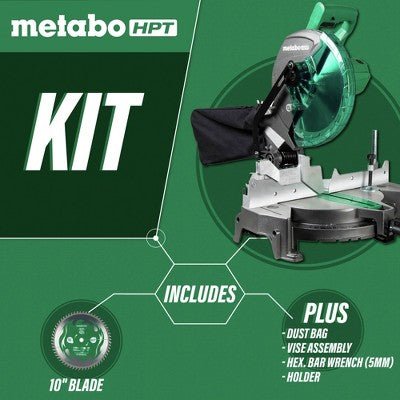 Metabo HPT C10FCGSM 15 Amp Single Bevel 10 in. Corded Compound Miter Saw - with Dimensions (Overall): 21.5 inches (H) x 18.5 inches (W) x 23.0 inches (D) | Sold by Uncle Wiener's Wholesale