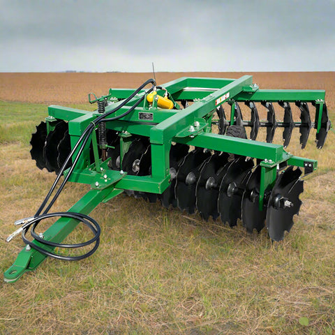 10 FT Hydraulic Offset Tractor Disc Harrow in field setup
Side view of 10-foot disc harrow with 28 manganese steel blades
Rear blade configuration of hydraulic disc harrow
Top view showing hydraulic tubing and disc spacing
Offset disc harrow mounted on green tractor for field work