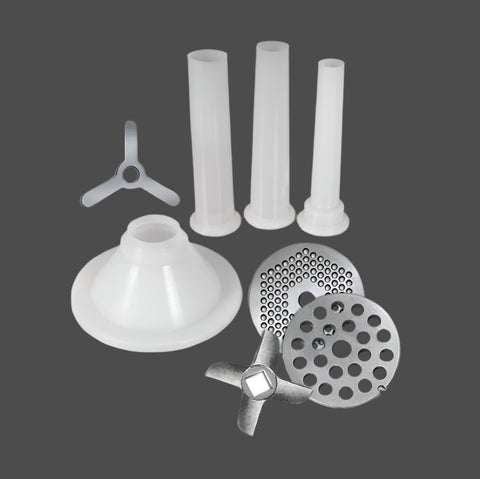 #10 Meat Grinder Kit – Includes Plates and Funnels
Grinding Plate Closeup – Coarse and Fine Options