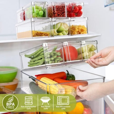 10-pack clear plastic refrigerator and pantry storage bins in assorted sizes with lids and built-in drain tray – BPA-free PET material