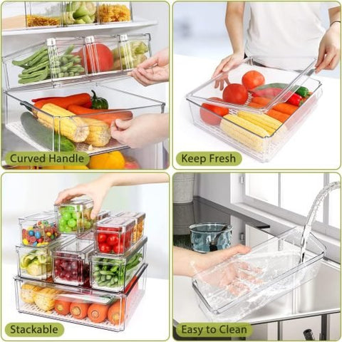 10-pack clear plastic refrigerator and pantry storage bins in assorted sizes with lids and built-in drain tray – BPA-free PET material