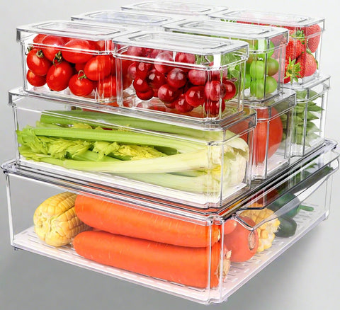 10-pack clear plastic refrigerator and pantry storage bins in assorted sizes with lids and built-in drain tray – BPA-free PET material