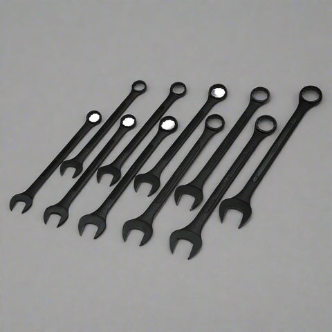 10-piece black oxide jumbo combination wrench set
SAE jumbo wrenches in roll pouch
black oxide combination wrench sizes 1-5/16" to 2"
close-up of wrench heads and panel grip
heavy-duty industrial wrench set for mechanics