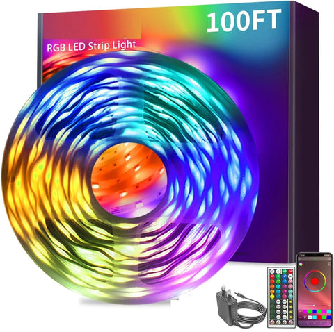 Colorful 100 ft RGB LED strip light with remote and phone app
Bluetooth LED strip lighting for bedrooms and parties
Music sync LED light strips with multicolor remote control