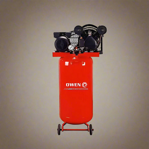 Red 100L electric air compressor with wheels and dual pressure gauges