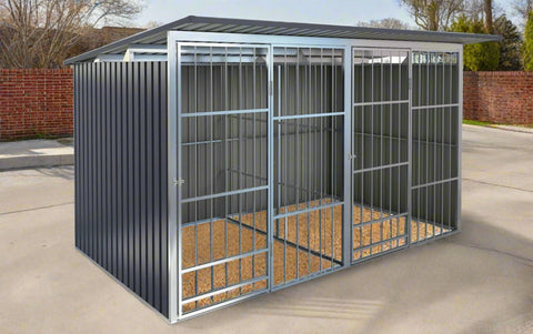 Spacious Double-Compartment Dog Kennel with Roof
Heavy-Duty Galvanized Animal Shelter with Divider Panels