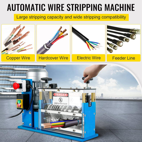 11-channel automatic wire stripping machine front view
Cable stripper with control panel and feeder channels
Industrial wire stripper with aluminum and steel frame
High-speed wire stripping machine on workbench
Wire stripping machine with emergency stop switch