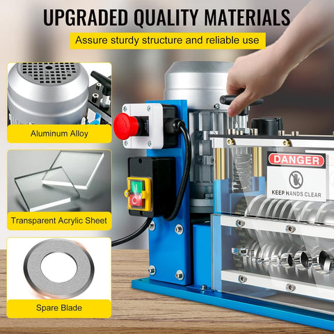 11-channel automatic wire stripping machine front view
Cable stripper with control panel and feeder channels
Industrial wire stripper with aluminum and steel frame
High-speed wire stripping machine on workbench
Wire stripping machine with emergency stop switch