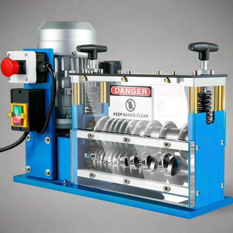 11-channel automatic wire stripping machine front view
Cable stripper with control panel and feeder channels
Industrial wire stripper with aluminum and steel frame
High-speed wire stripping machine on workbench
Wire stripping machine with emergency stop switch