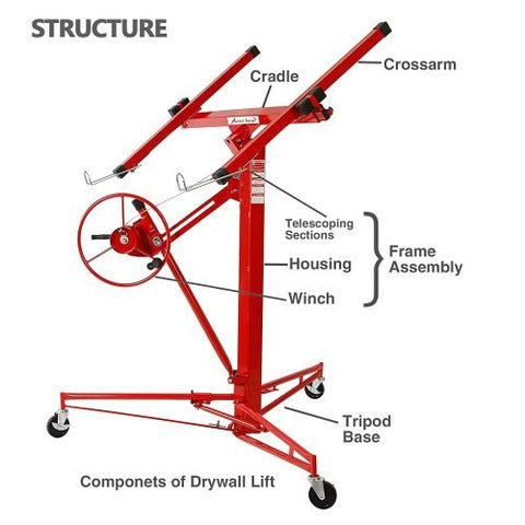 Illustrated setup and angle capability for 11 ft rolling drywall hoist