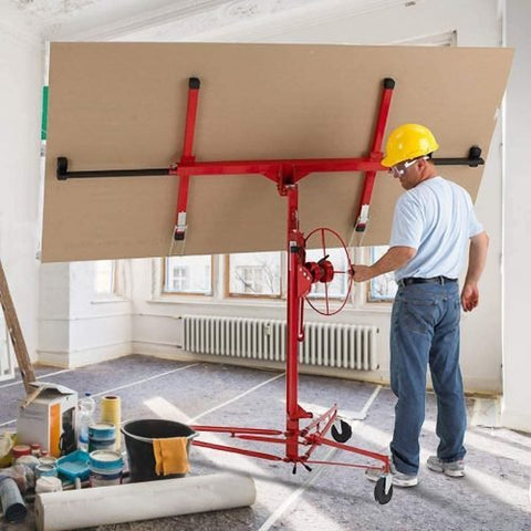 Drywall panel hoist in construction site lifting sheet to 11 ft ceiling