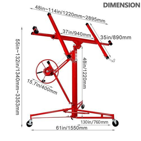 Construction-grade panel lift tilted for ceiling or angled drywall installation
