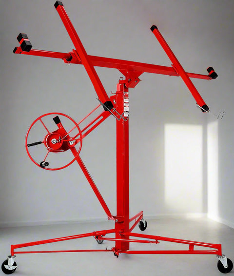 Red 11 ft drywall lift with crank hoist, rotating cradle, and caster wheels