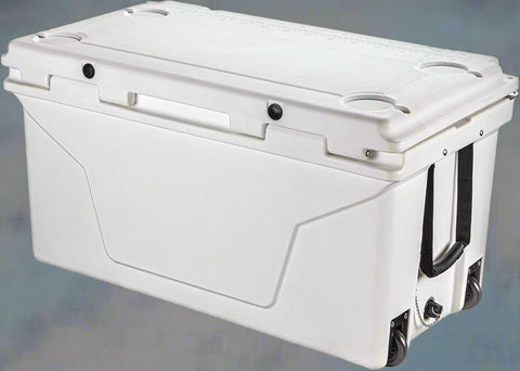 Underside of 110 QT rolling cooler highlighting wheelbase and drainage system
