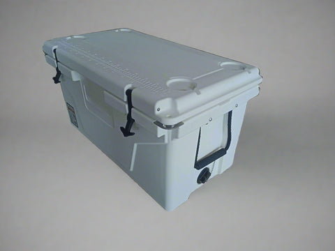 Low-profile cooler design with rugged wheels and molded side handles