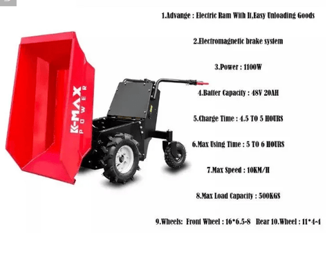 "1100 LB Red Steel Electric Power Wheelbarrow for Gravel and Sand"
Side View: "Electric Mini Dumper with All-Terrain Tires – 1100 LB Capacity"
Control Panel Closeup: "Easy-to-use Controls on Electric Power Wheelbarrow"
Loaded on Gravel Site: "Heavy-Duty Electric Wheelbarrow Hauling Gravel"