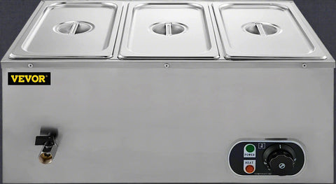 3-pan buffet food warmer front view with lid open
Commercial food warmer showing stainless steel interior
Temperature knob and heating element close-up
Buffet setup with food in all three compartments
Side view of removable pans with food steam