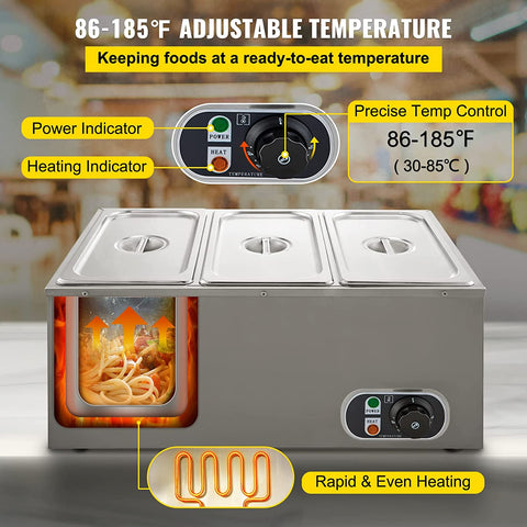 3-pan buffet food warmer front view with lid open
Commercial food warmer showing stainless steel interior
Temperature knob and heating element close-up
Buffet setup with food in all three compartments
Side view of removable pans with food steam