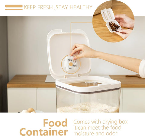 "11L airtight food storage container for flour and rice"
"Clear plastic pantry organizer holding 20 lb of dry goods"
"Large kitchen food bin with airtight seal"