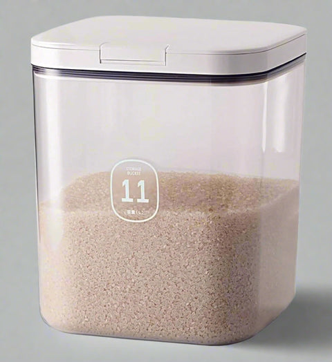 "11L airtight food storage container for flour and rice"
"Clear plastic pantry organizer holding 20 lb of dry goods"
"Large kitchen food bin with airtight seal"