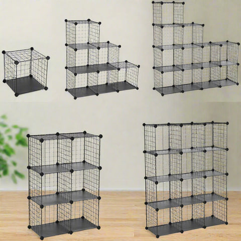 12-cube wire grid organizer with solid base
Modular cube storage shelf system for closet and home
black wire cube shelving unit with interlocking design