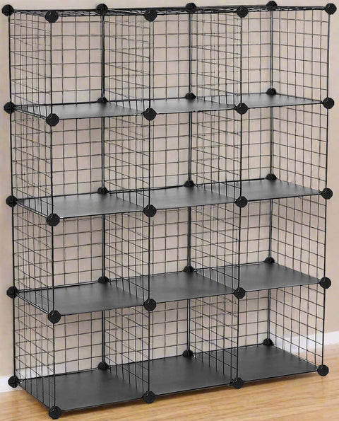 12-cube wire grid organizer with solid base
Modular cube storage shelf system for closet and home
black wire cube shelving unit with interlocking design