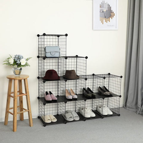 12-cube wire grid organizer with solid base
Modular cube storage shelf system for closet and home
black wire cube shelving unit with interlocking design