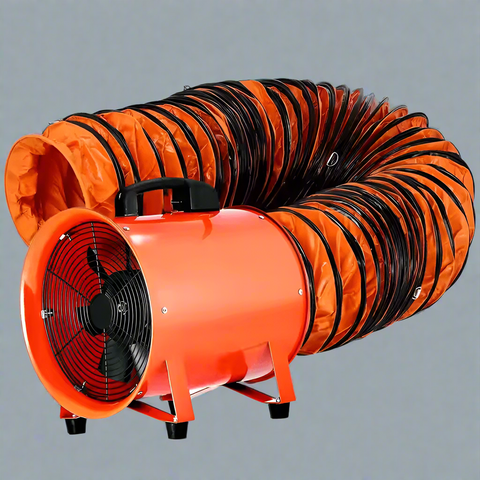 12" industrial blower fan with attached orange hose
Side view of portable utility exhaust fan
Flexible 25 ft ventilation hose included
Blower fan setup with duct for construction use
Rear fan view with protective grill and carry handle