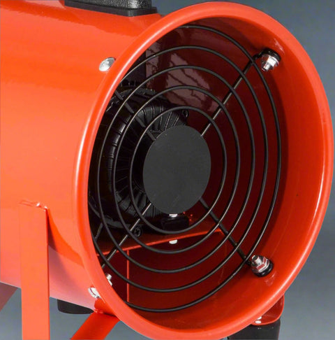 12" industrial blower fan with attached orange hose
Side view of portable utility exhaust fan
Flexible 25 ft ventilation hose included
Blower fan setup with duct for construction use
Rear fan view with protective grill and carry handle