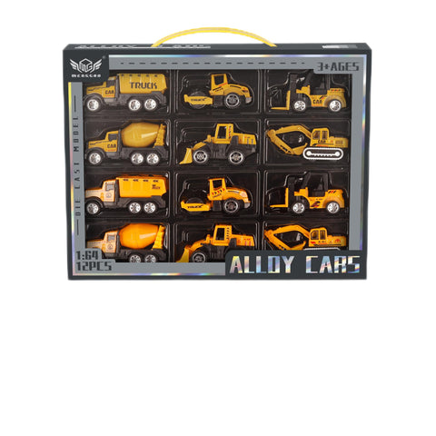 12-piece metal toy construction set with mini dump trucks and cranes
Diecast mini construction vehicles for kids
Toy bulldozers, cranes, and excavators in play set
Realistic toy construction vehicles for toddlers
Yellow mini alloy construction trucks in box set