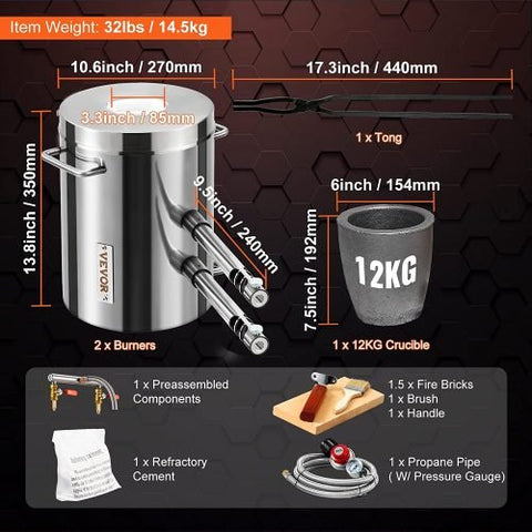 "12KG dual burner propane smelting furnace with accessories"
"Metal melting furnace kit with tongs and graphite crucible"
"Side view of propane furnace for aluminum and gold melting"
"Dual burner stainless steel smelter with open lid"
"Complete DIY metal melting setup with regulator and hose"